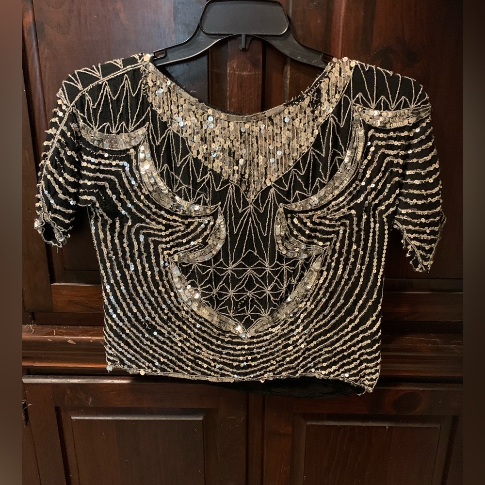 Black Silk Sequin Beaded Vintage Blouse Top Women Sparkly Flapper 20s Party crop